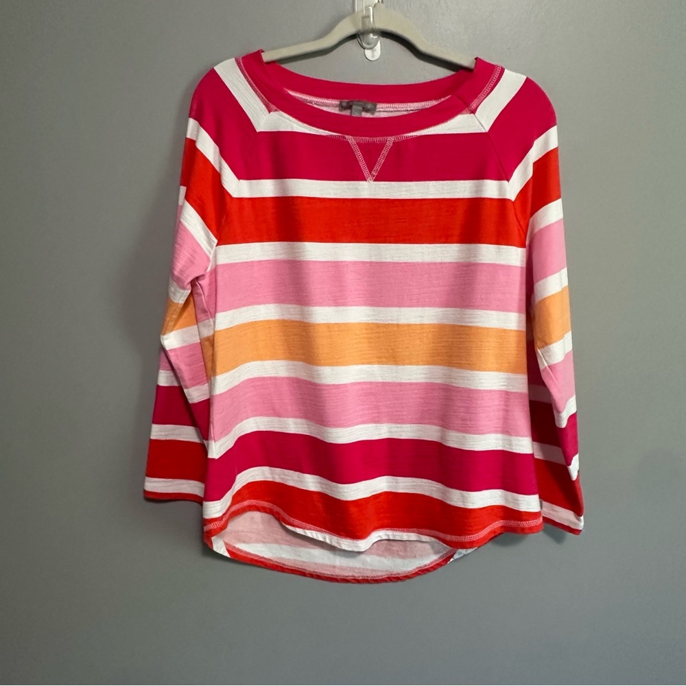 T By Talbots Womens Large Petite  Striped Top Pink Orange UPF 50 Long Sleeve